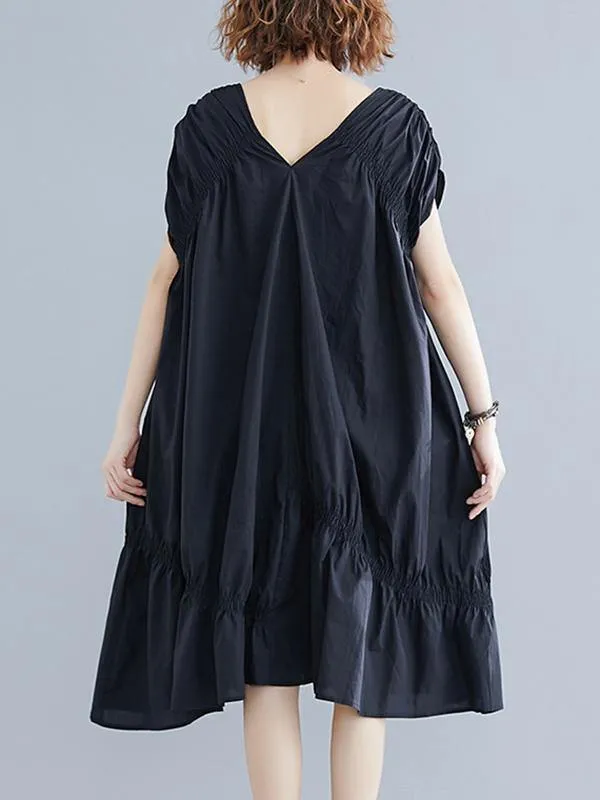 Black Loose Drawstring Ruffled Midi Dress