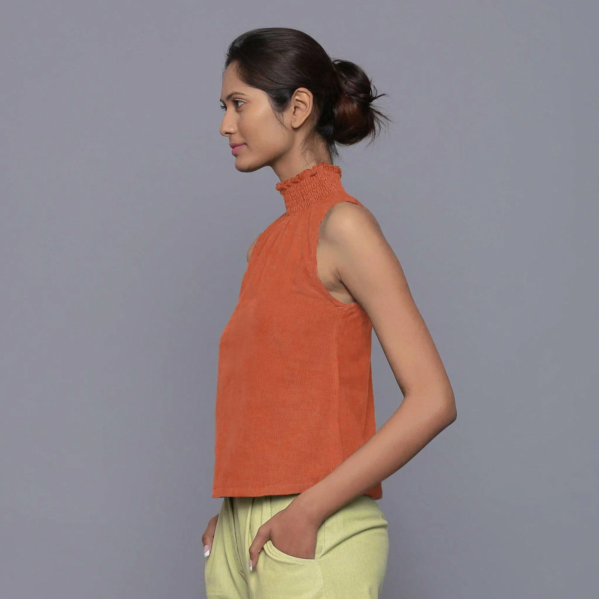 Sunset Rust Warm Cotton Corduroy Turtleneck Top